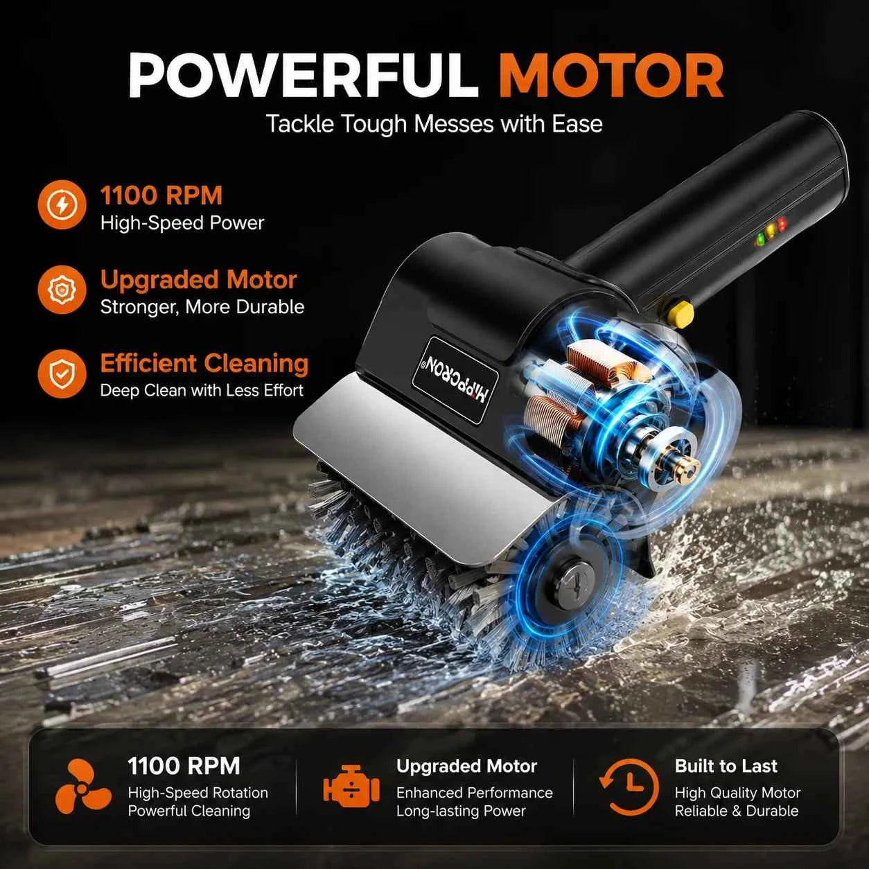 Hippcron Rechargeable Electric Grill Brush 1100 RPM – 304 Stainless Steel Barbecue Cleaning Tools Ergonomic Non-Slip Handle