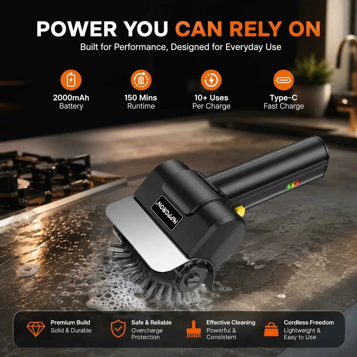 Hippcron Rechargeable Electric Grill Brush 1100 RPM – 304 Stainless Steel Barbecue Cleaning Tools Ergonomic Non-Slip Handle