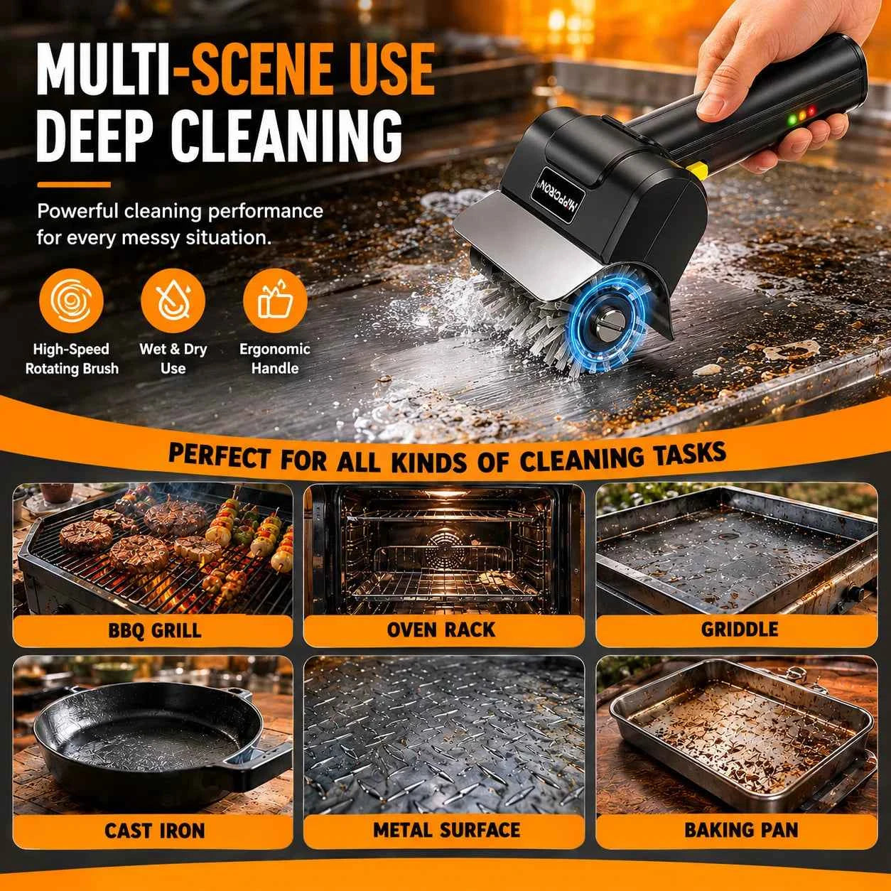 Hippcron Rechargeable Electric Grill Brush 1100 RPM – 304 Stainless Steel Barbecue Cleaning Tools Ergonomic Non-Slip Handle