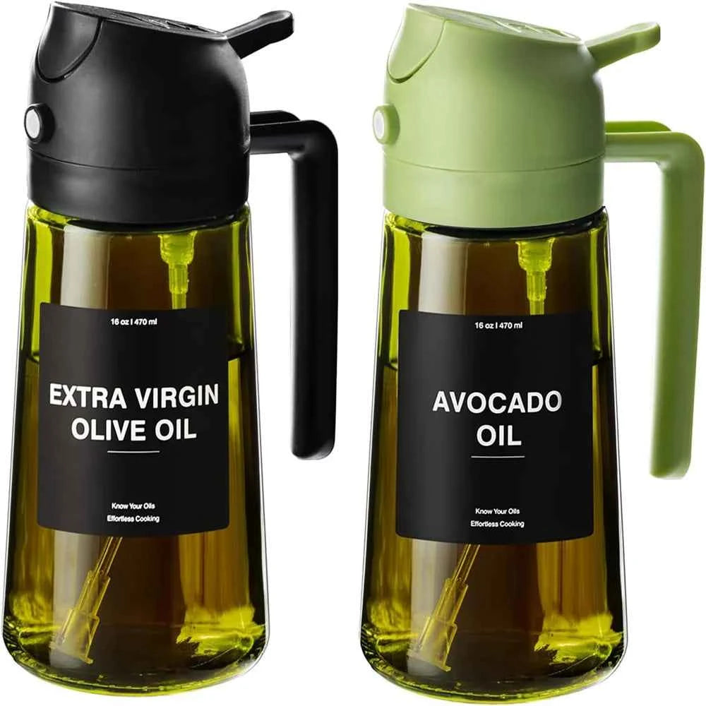 470 ML Oil Sprayer for Cooking, 2-in-1 Olive Oil Dispenser and Oil Bottle with Stickers, Thick Glass Spray Bottle